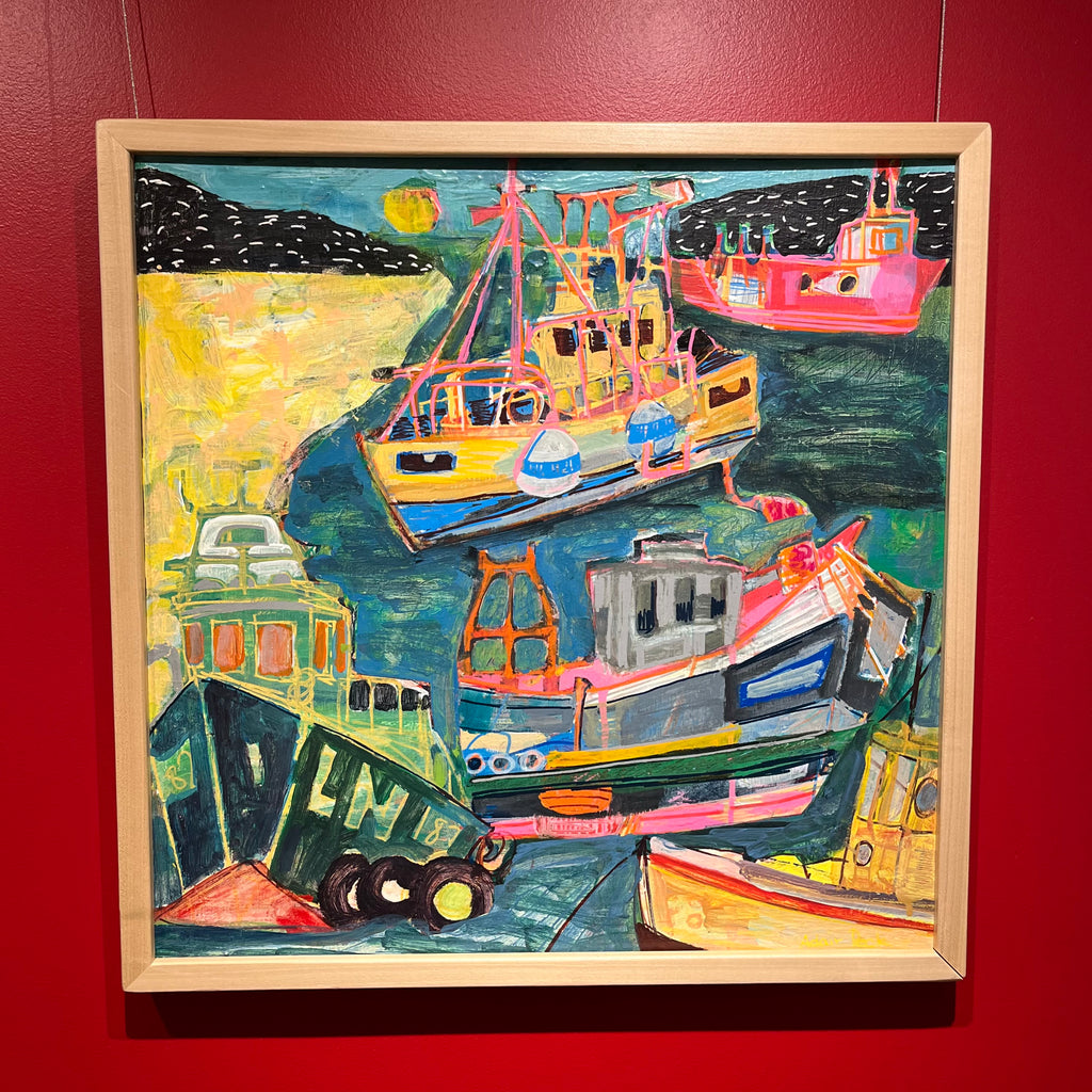 colorful mixed media painting of fishing boats Martha's Vineyard