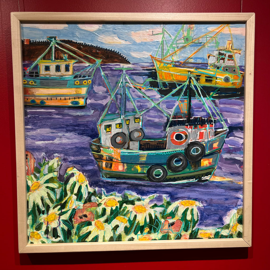 mixed media colorful painting of fishing boats Martha's Vineyard