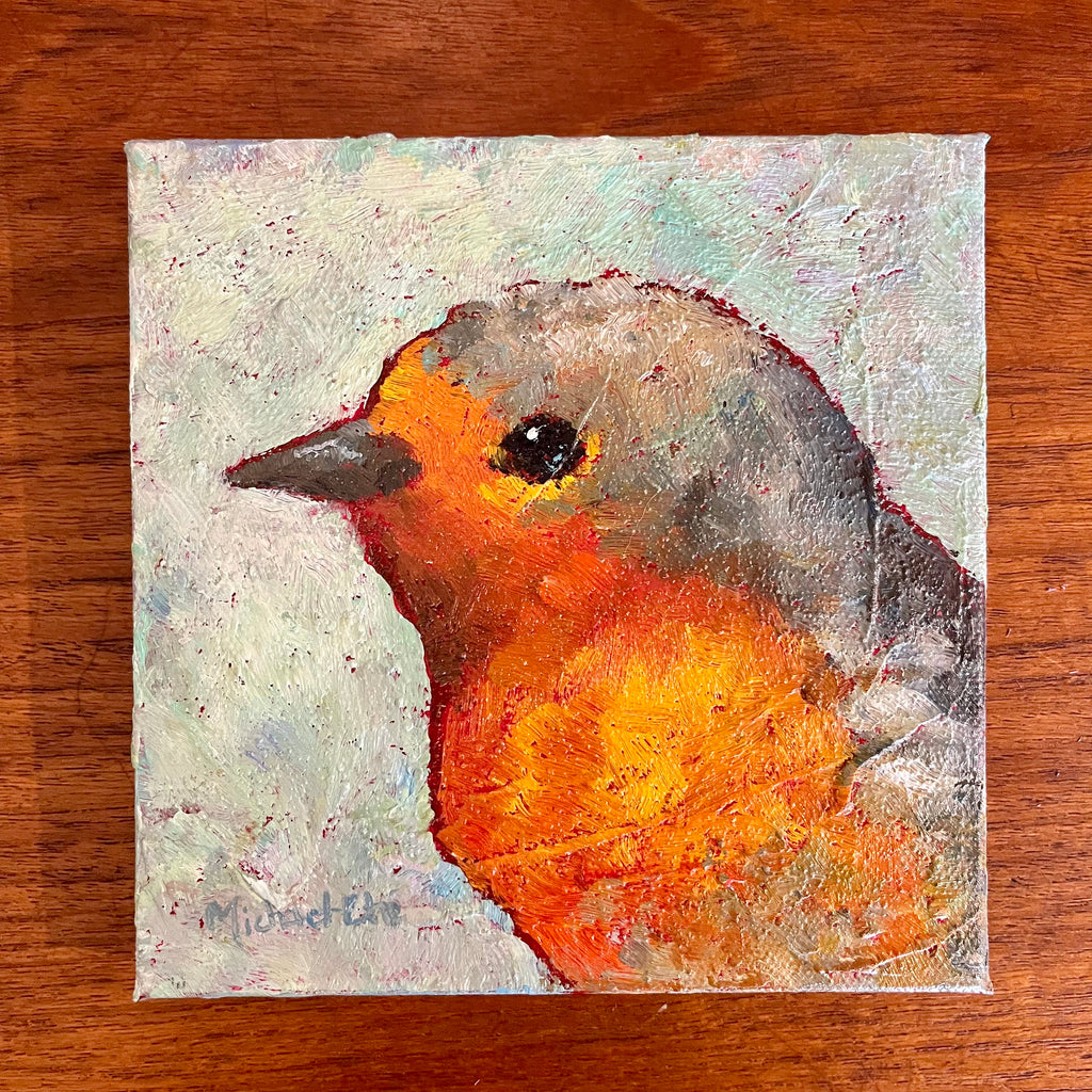 Small oil painting of an orange bird over a purple and turquoise background