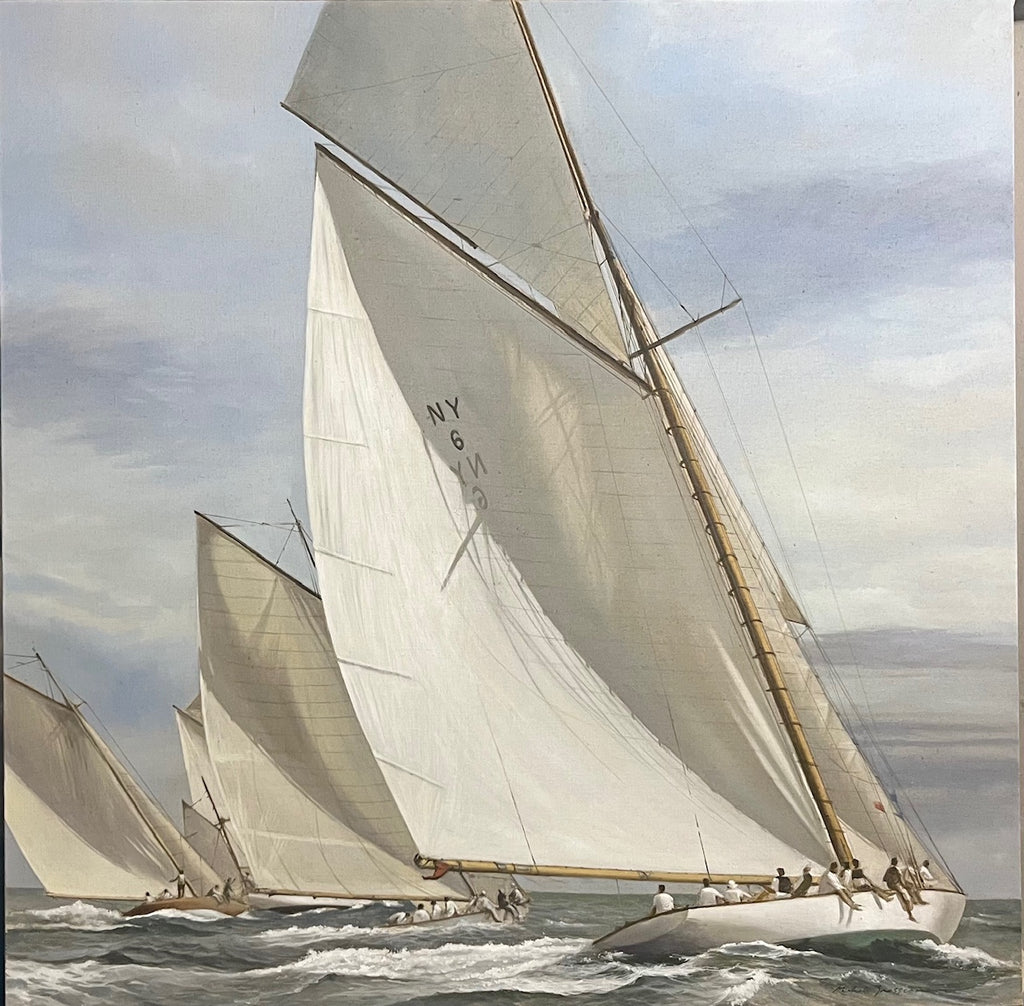 painting of three boats enjoying the sea on a windy day