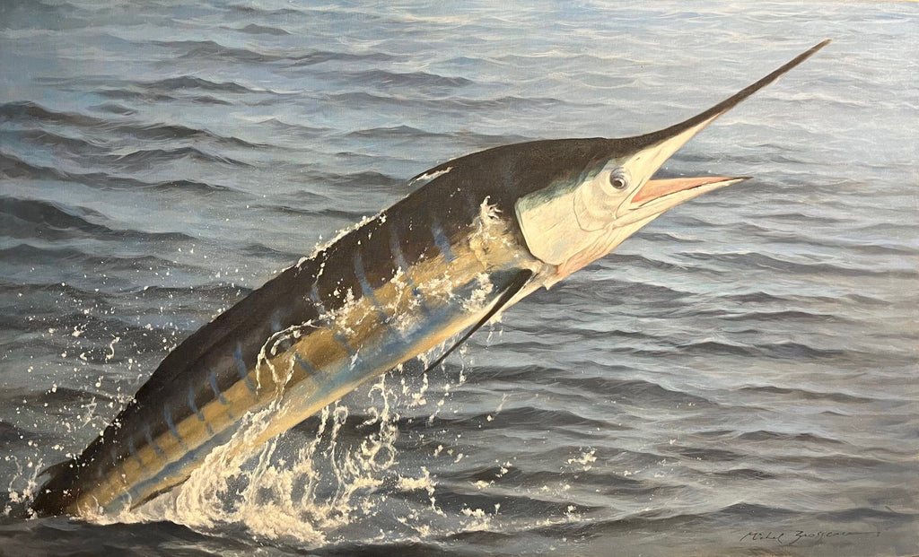 Painting of a marlin jumping out of the deep blue sea