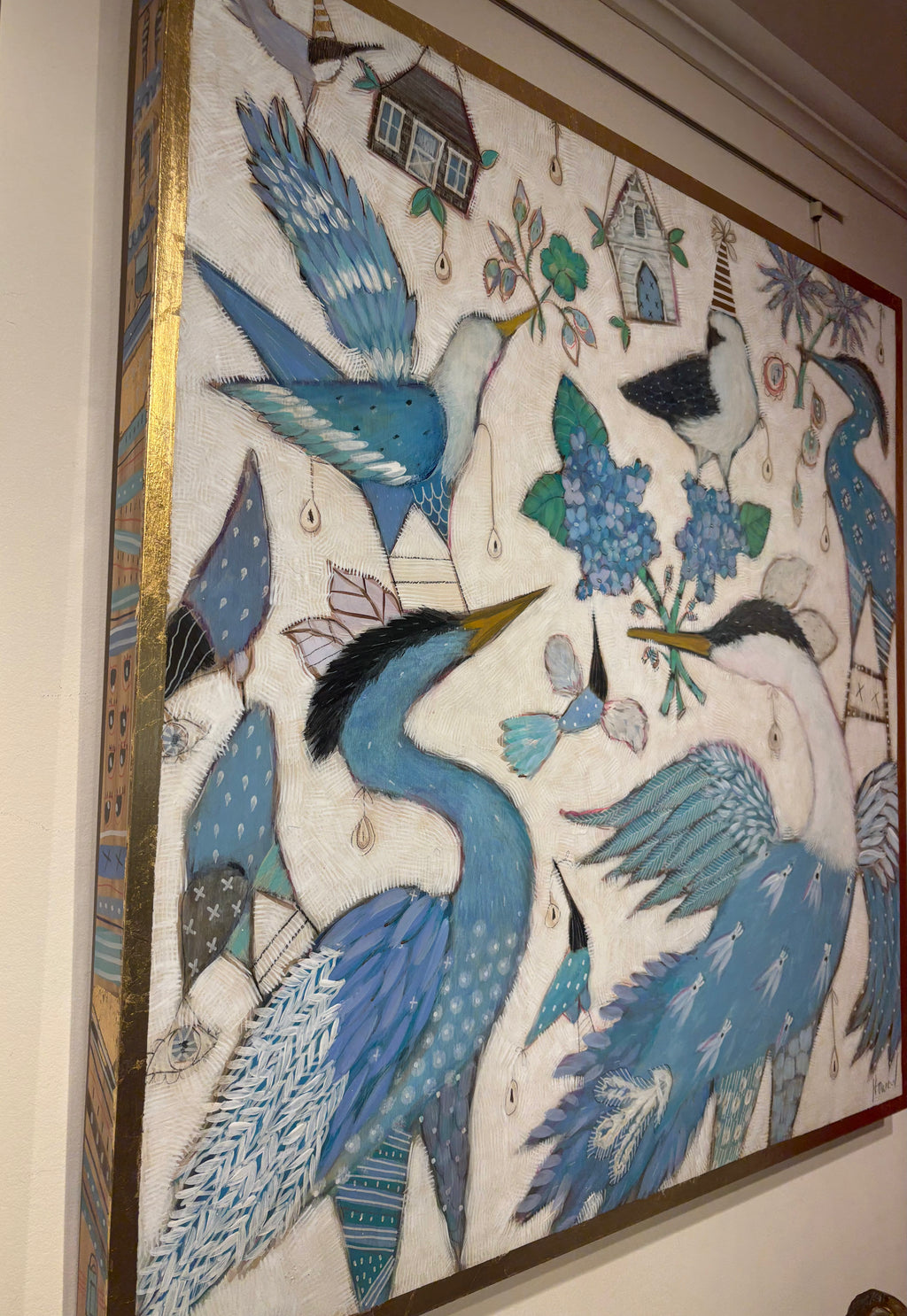 figurative animal mixed media painting of birds decorated with gems, party hats, flowers and bird houses in gold leaf 