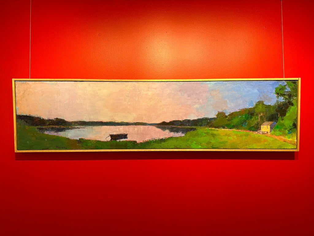 Oil painting by Larry Horowitz of a landscape with a pond in the center under a pastel violet sky. There is a small boat in the water and a yellow house tucked in the right side of the painting.