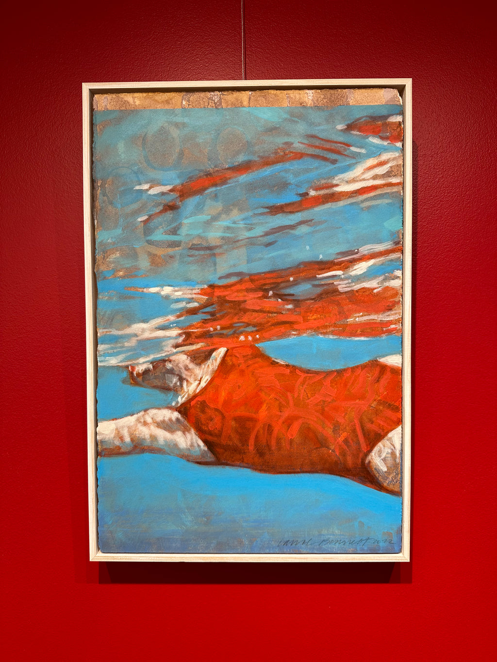 abstract contemporary oil painting of a woman in red suit swimming in turquoise water