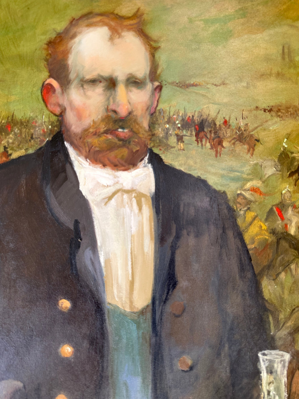 portrait of a butler in a suit standing front of the dining table with painting of battle behind him