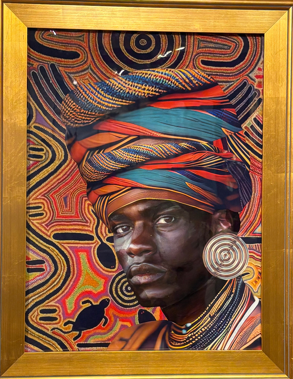 portrait of a man looking forward, with a colorful headdress and necklaces. He is contrasted against lively patterns