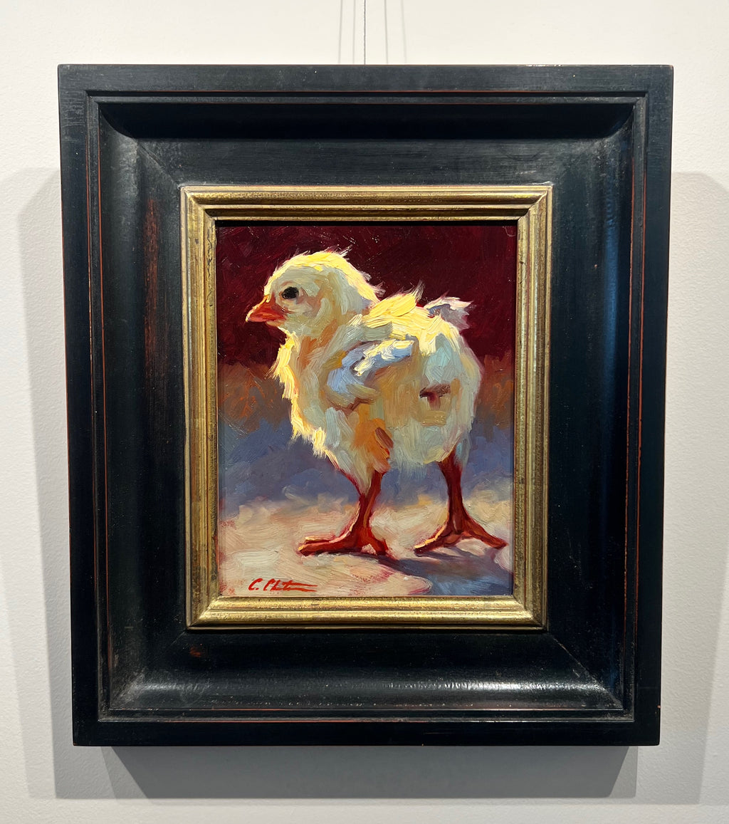 Oil on panel painting of a chick turning its head from to the left.