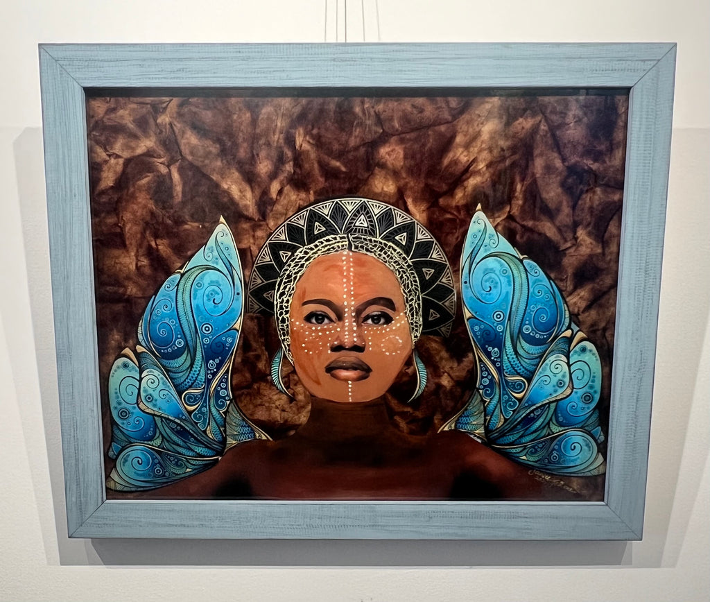 mixed media painting of a woman with African tribal paint and head dress with blue patterned wings on brown background