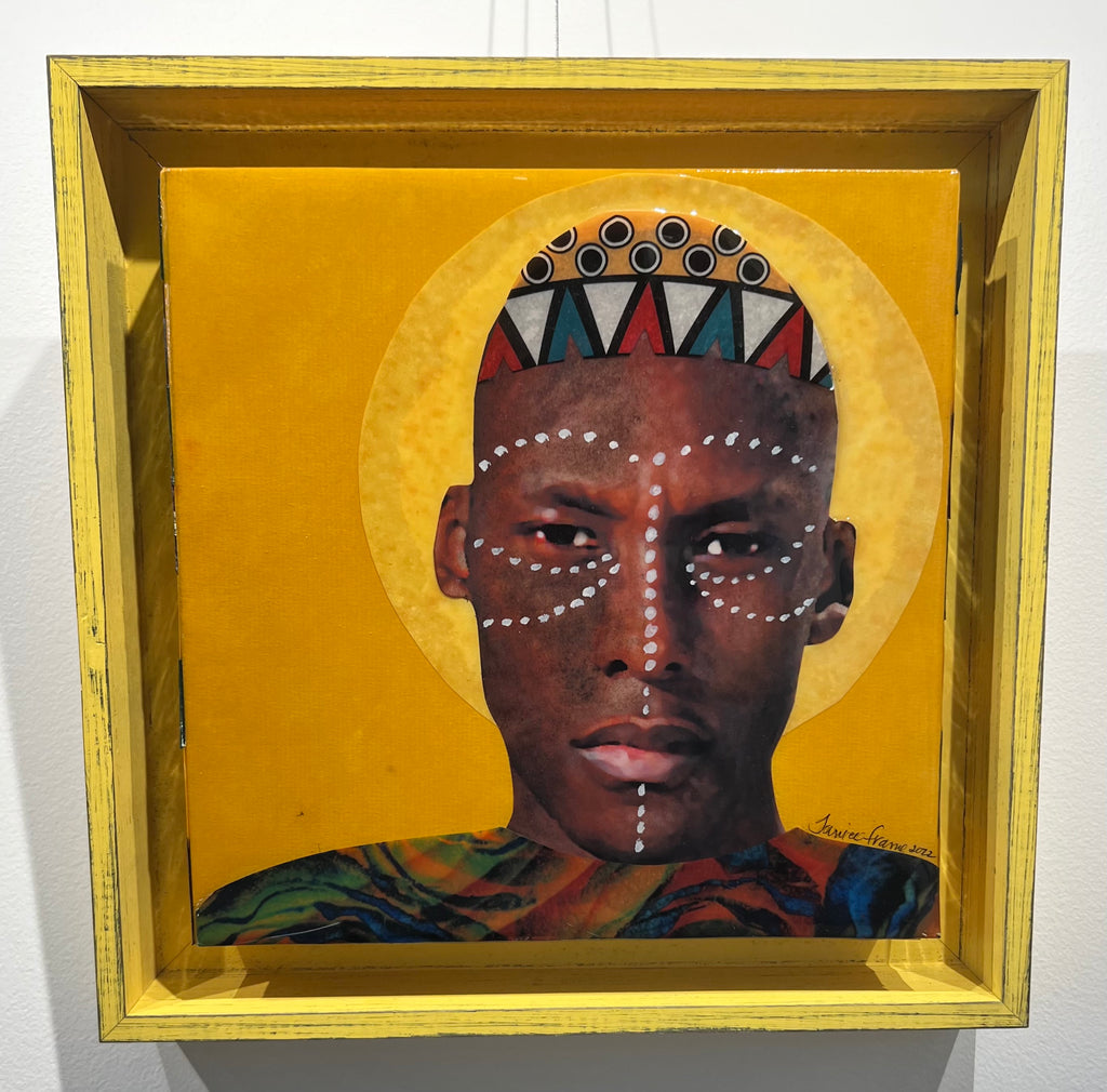 Mixed Media painting by Janice Frame of a man with white tribal face paint, colorful African hat, and yellow background