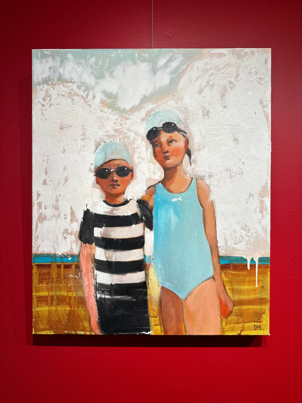 oil painting of a boy and girl in swimsuits with goggles
