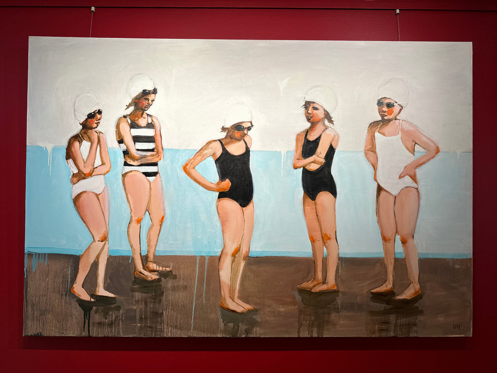 group girls children bathing suits caps goggles standing