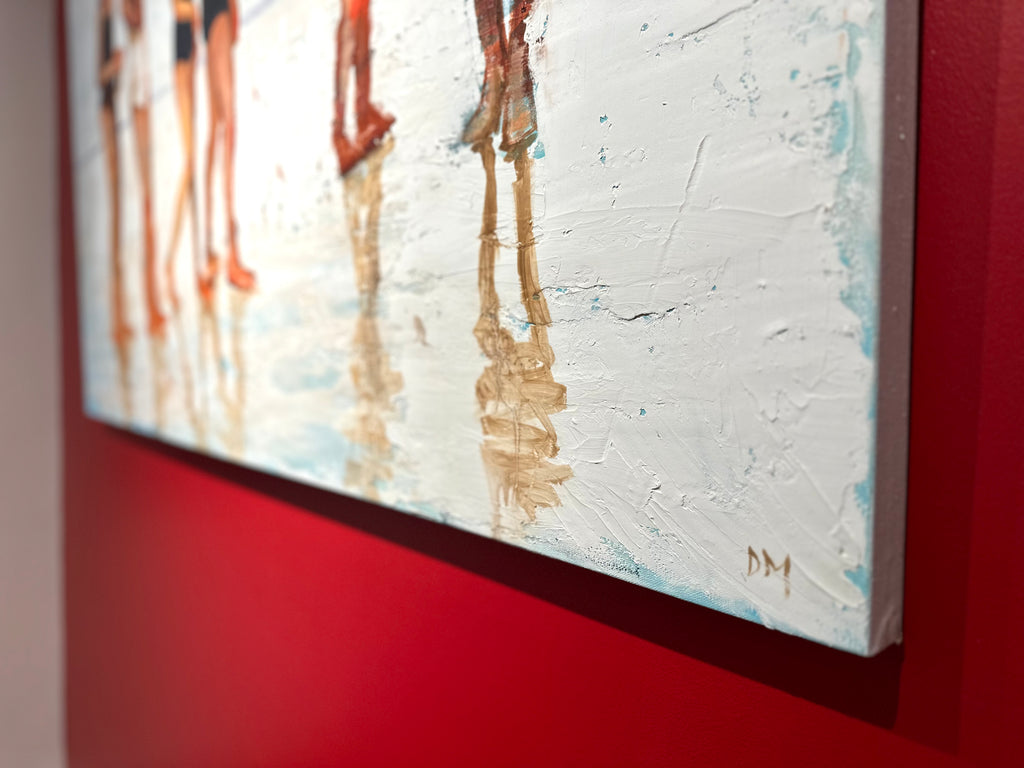 girls swimmers black bathing suits bathing caps oil on canvas overcast water