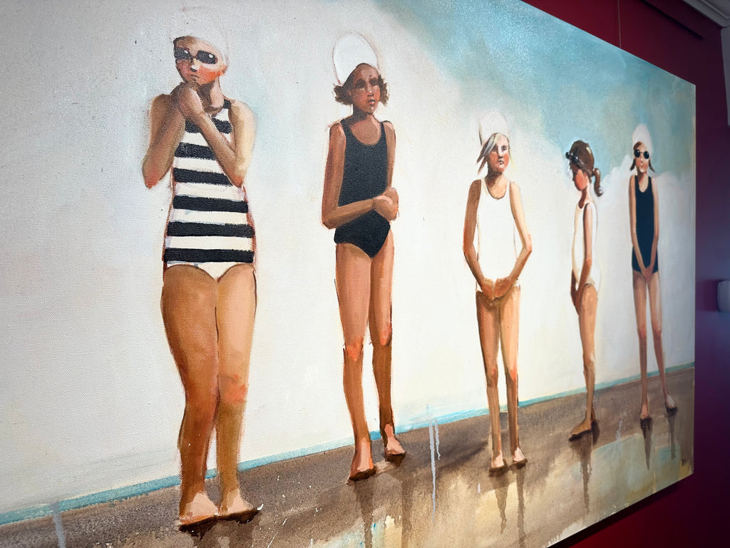 girls bathing suits bathing caps sand clouds water sky oil on canvas figurative swimmers 