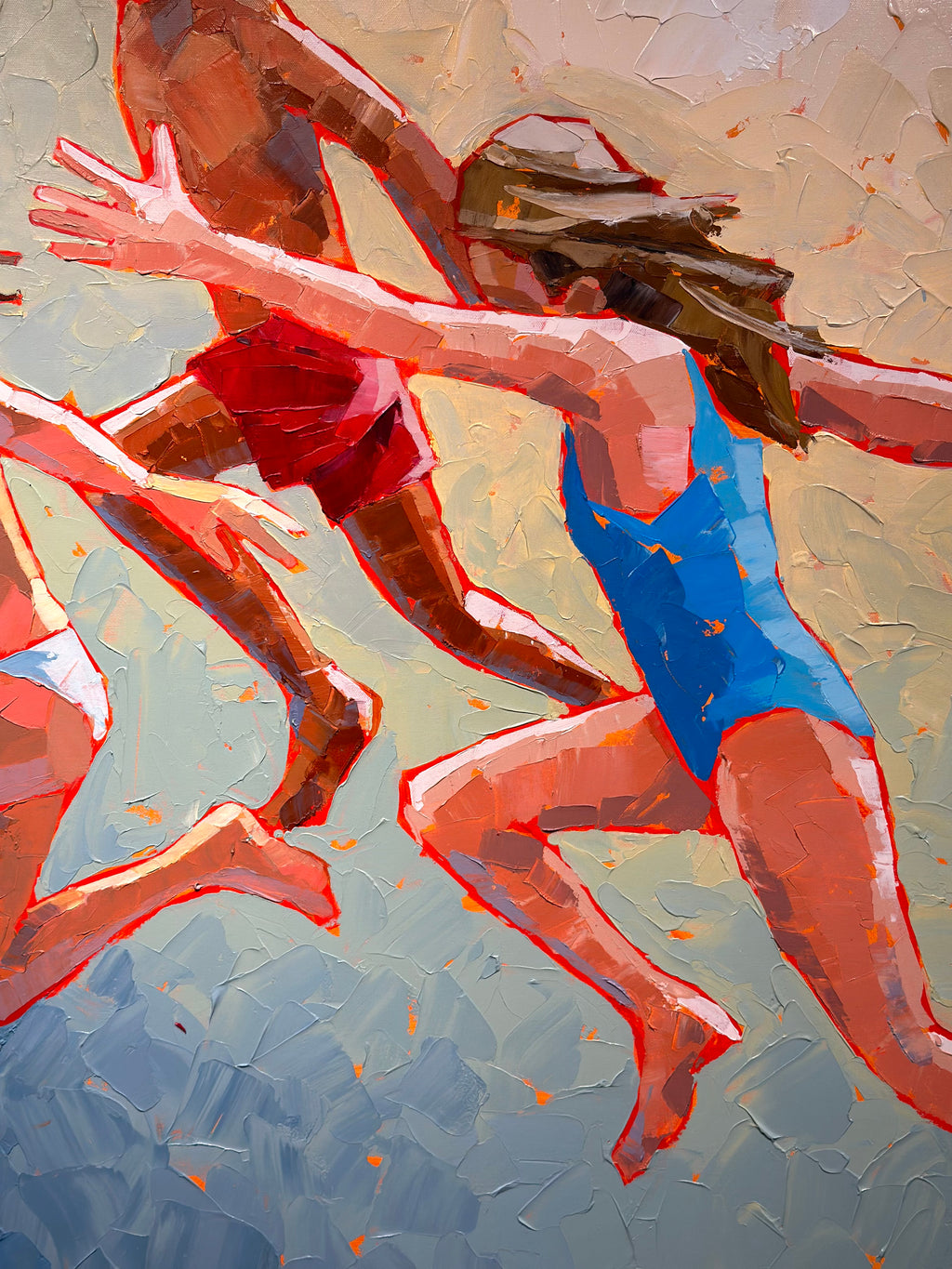 abstract figurative acrylic painting of kids in swimsuits jumping with sunshine behind