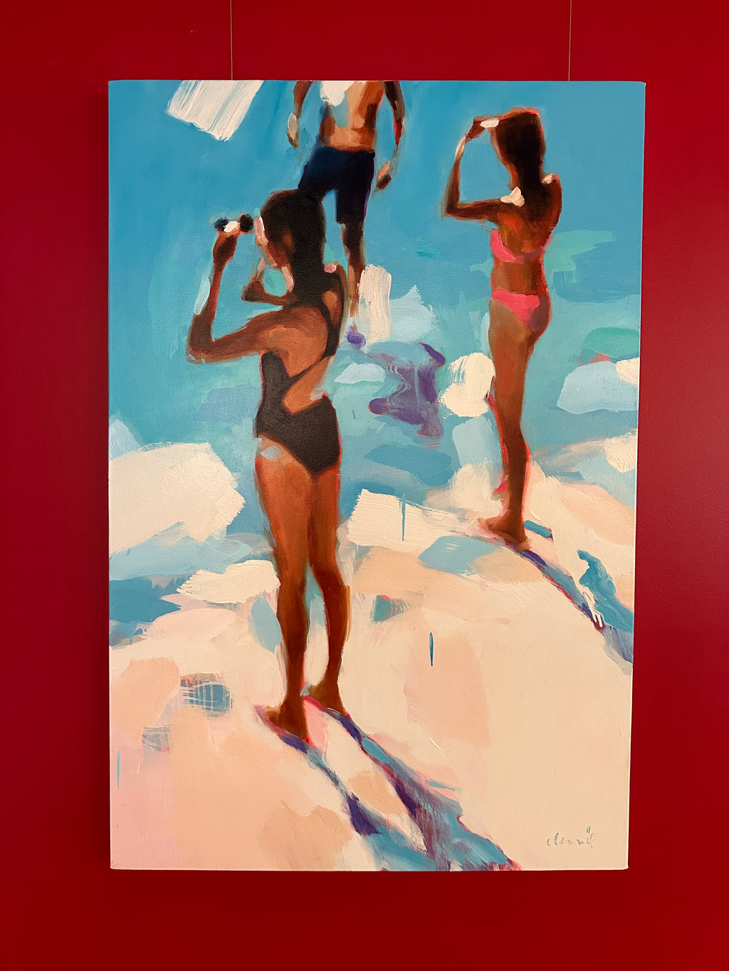 vertical abstract oil painting of woman standing on beach with binoculars