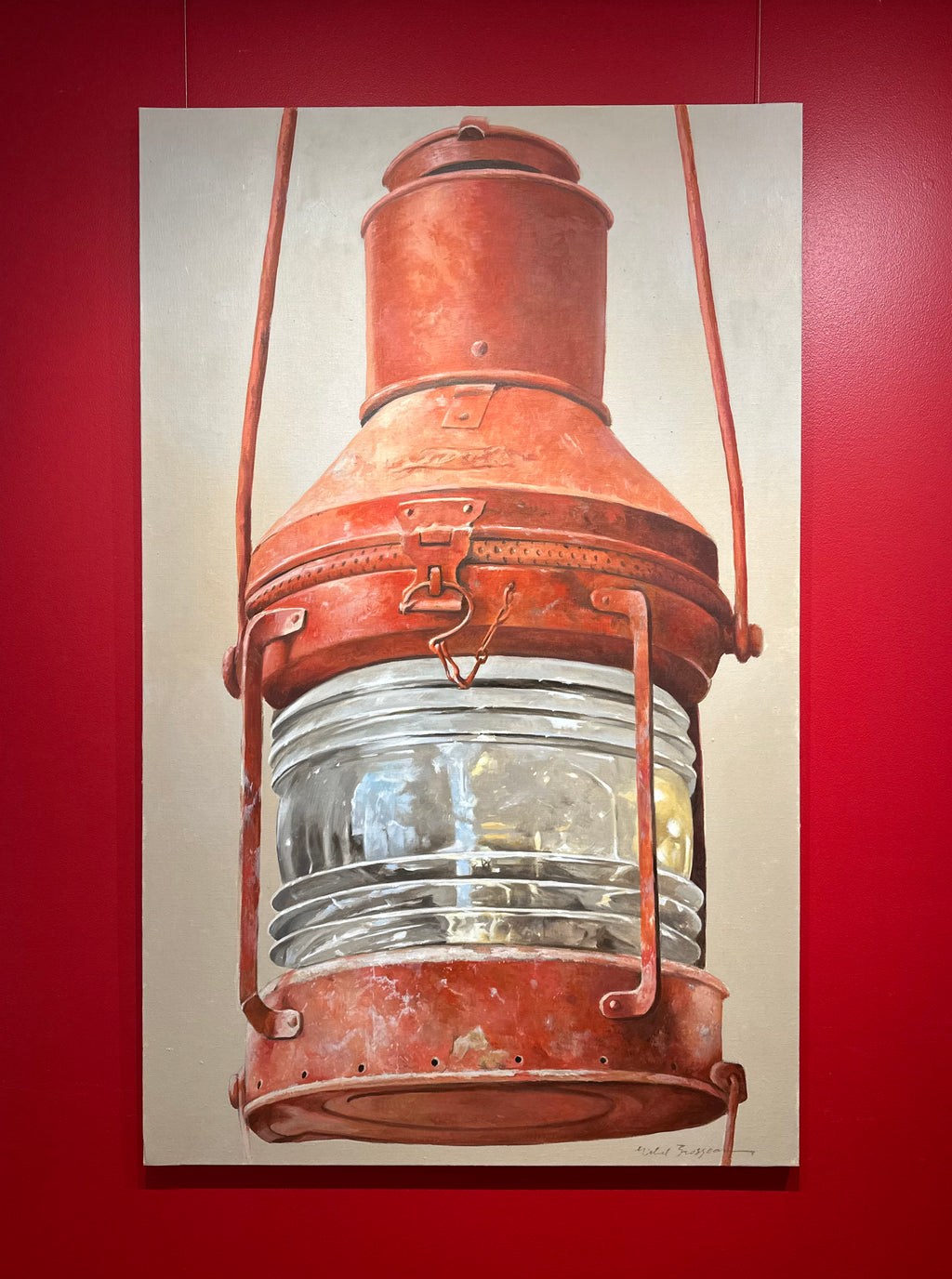 oil painting of a red nautical lantern