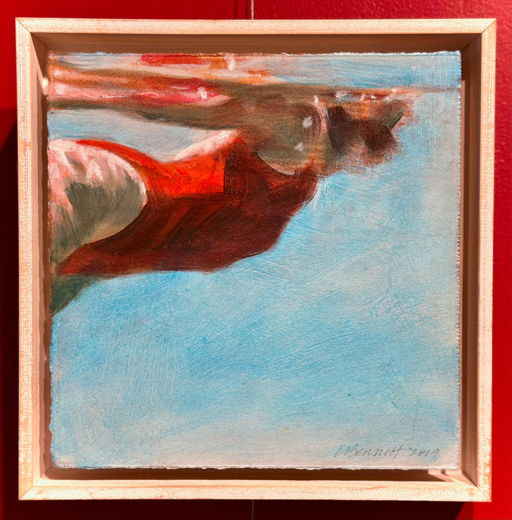 small underwater painting by Carol Bennett of a woman in a red one-piece