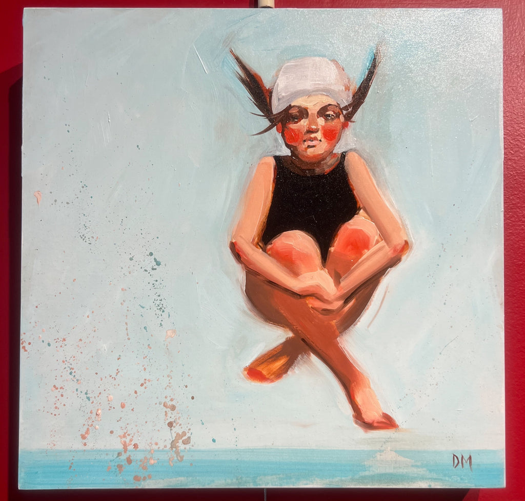 child jump air bathing suit bathing cap oil on canvas swimming