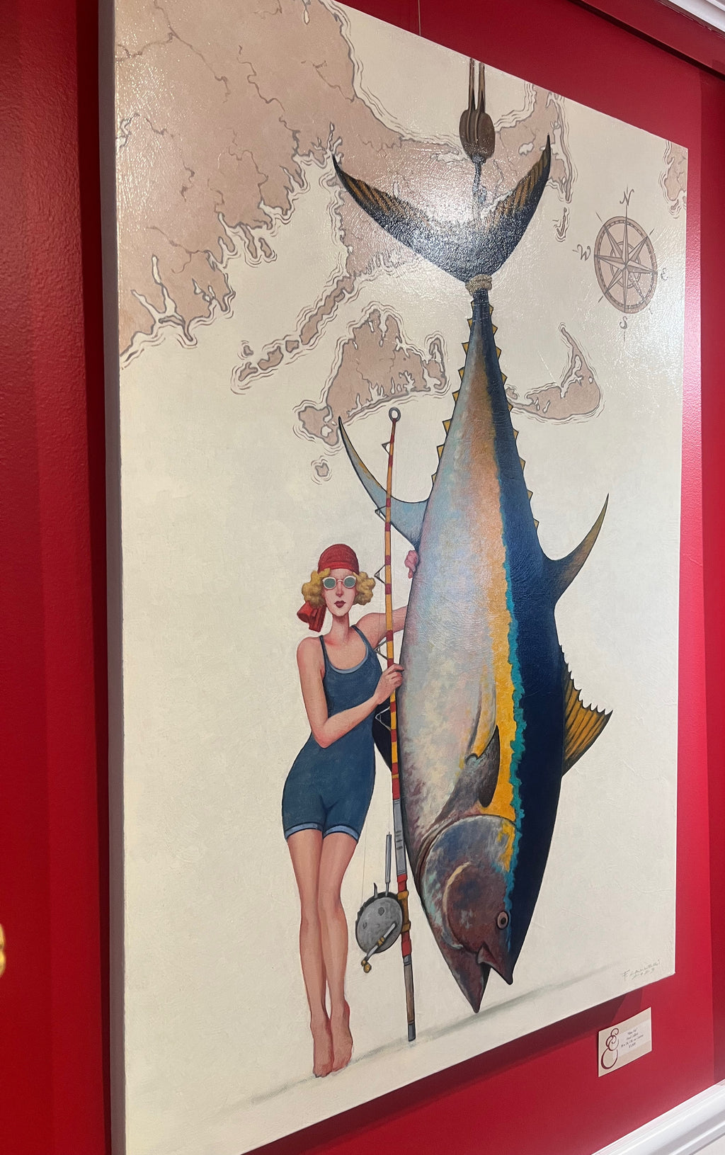 oil painting of a blond woman with vintage blue bathing suit standing next to huge fish with map of Cape Cod, Martha's Vineyard and Nantucket behind