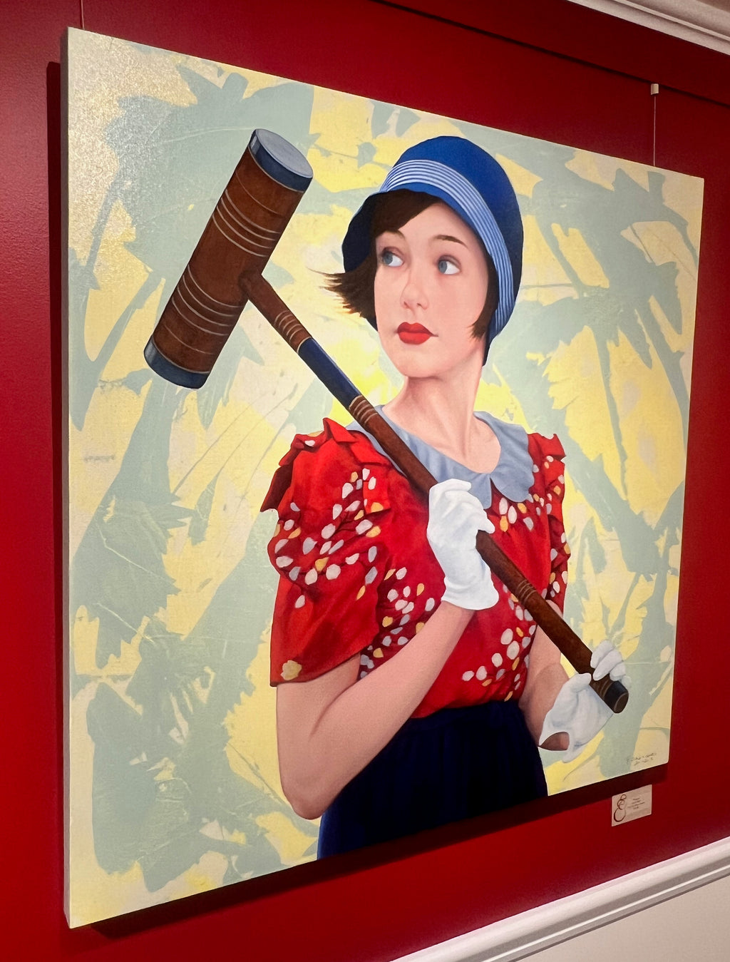 oil painting of a brunette woman in red and navy dress, white gloves holding croquet stick