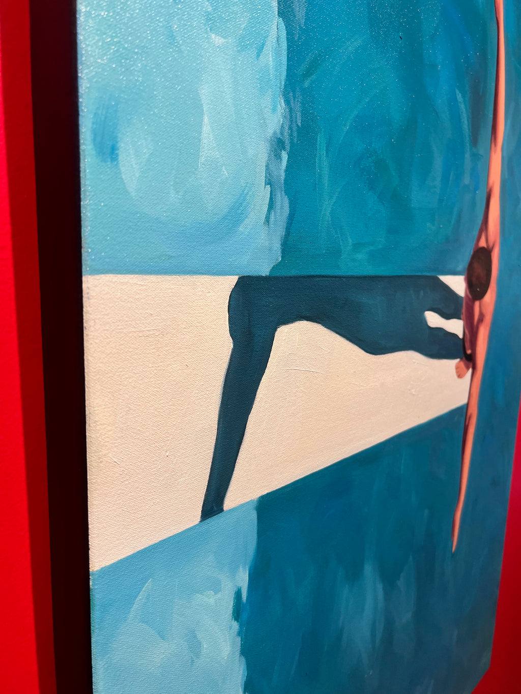 Vertical oil painting of a man standing on a diving board over turquoise water from above