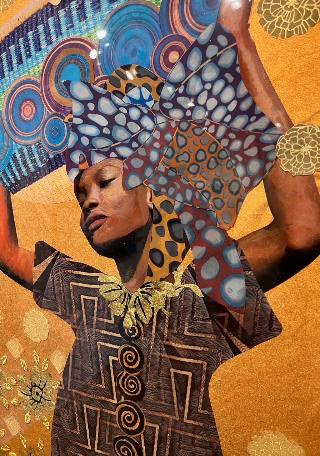 mixed media painting of a woman holding of a woven basket on a yellow textured background