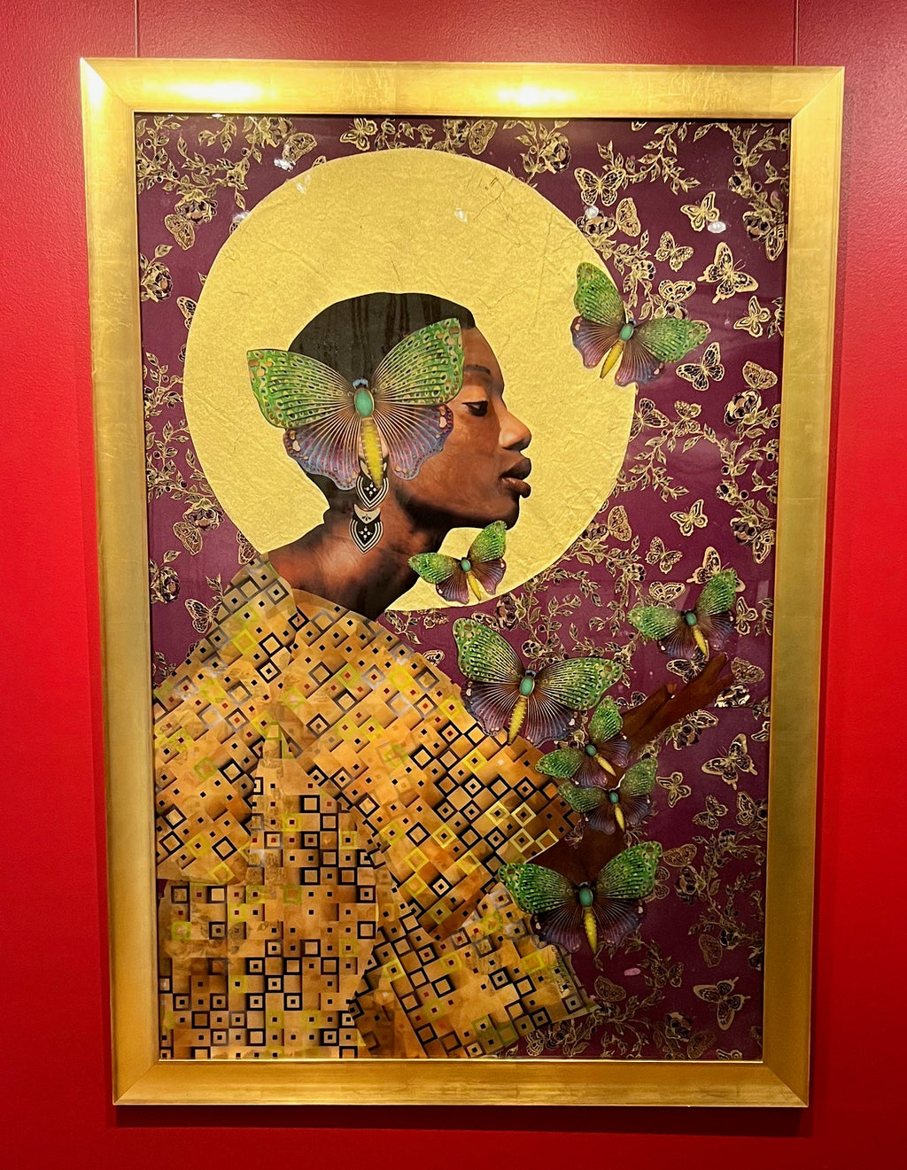 Mixed media painting by Janice Frame of a man and butterflies and patterned background