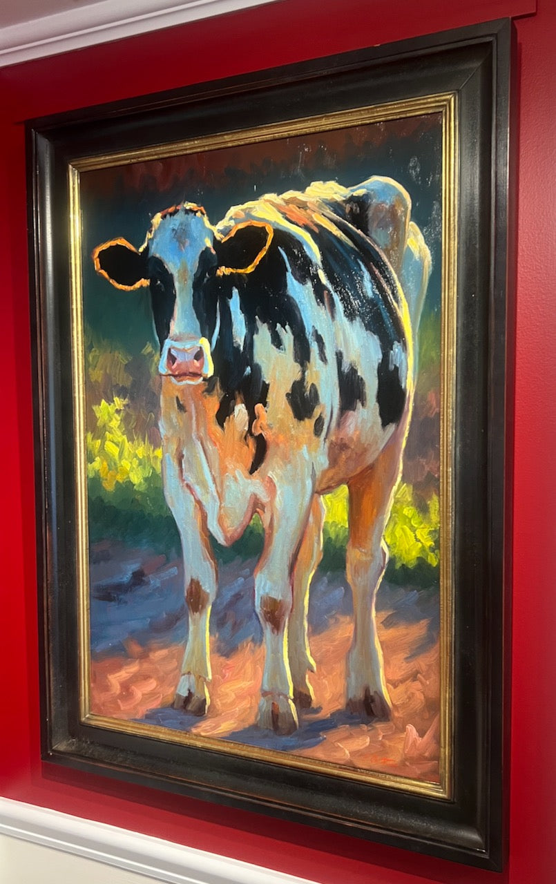 impressionist style oil painting of a black and white cow with backlighting
