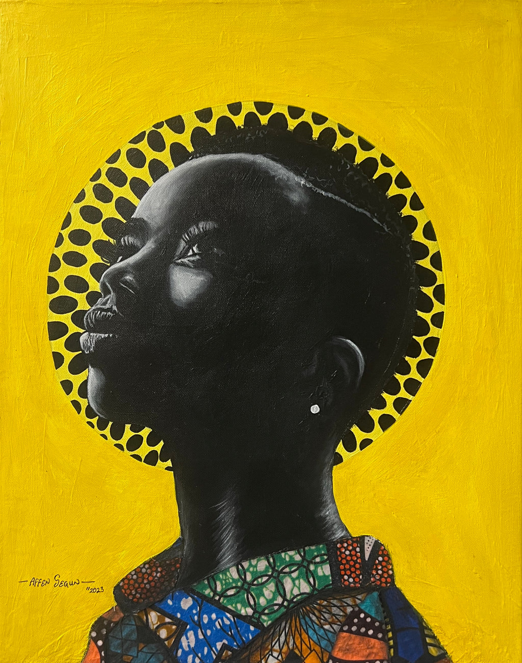 mixed media portrait of a black woman with yellow background, fabric and acrylic