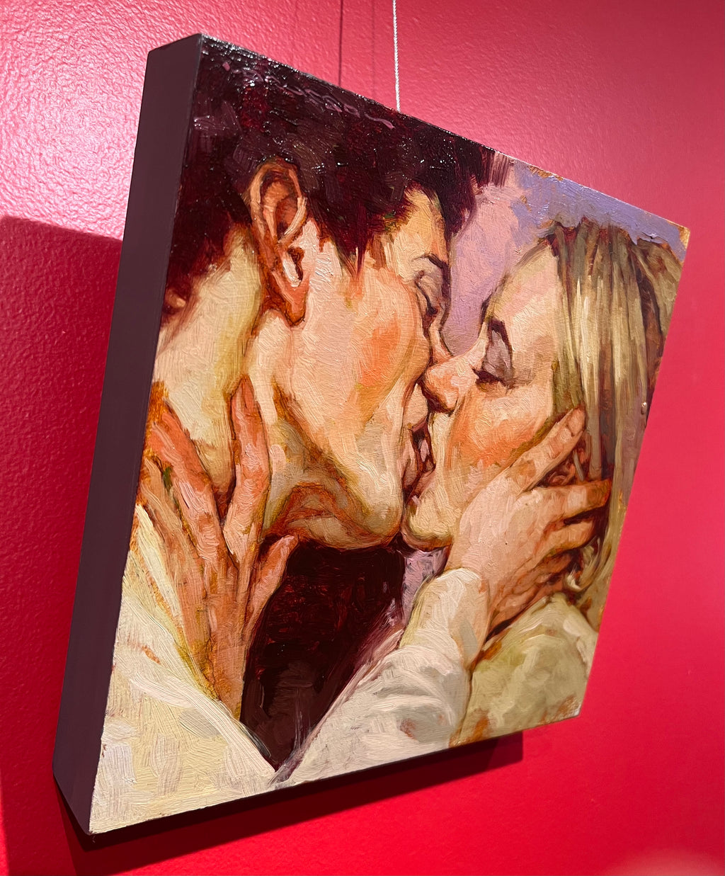 oil painting man woman kissing holding each other 