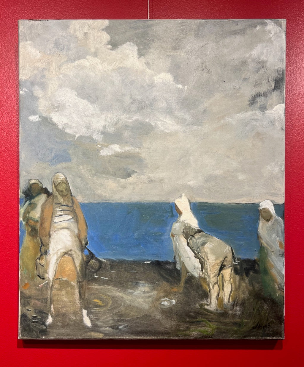 Oil painting of Italian scene locals and animals by the water 