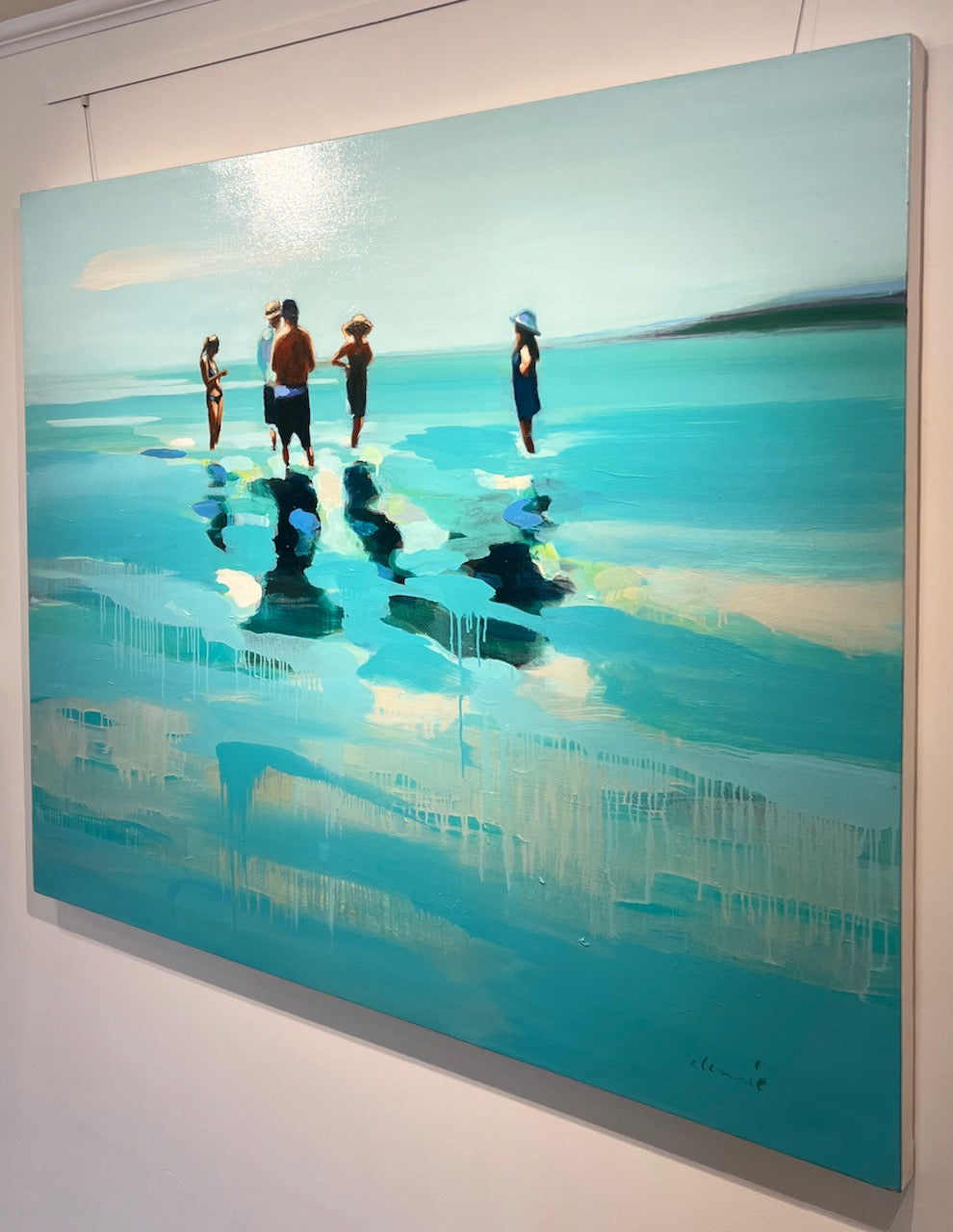large scale abstract oil painting of people standing in turquoise water