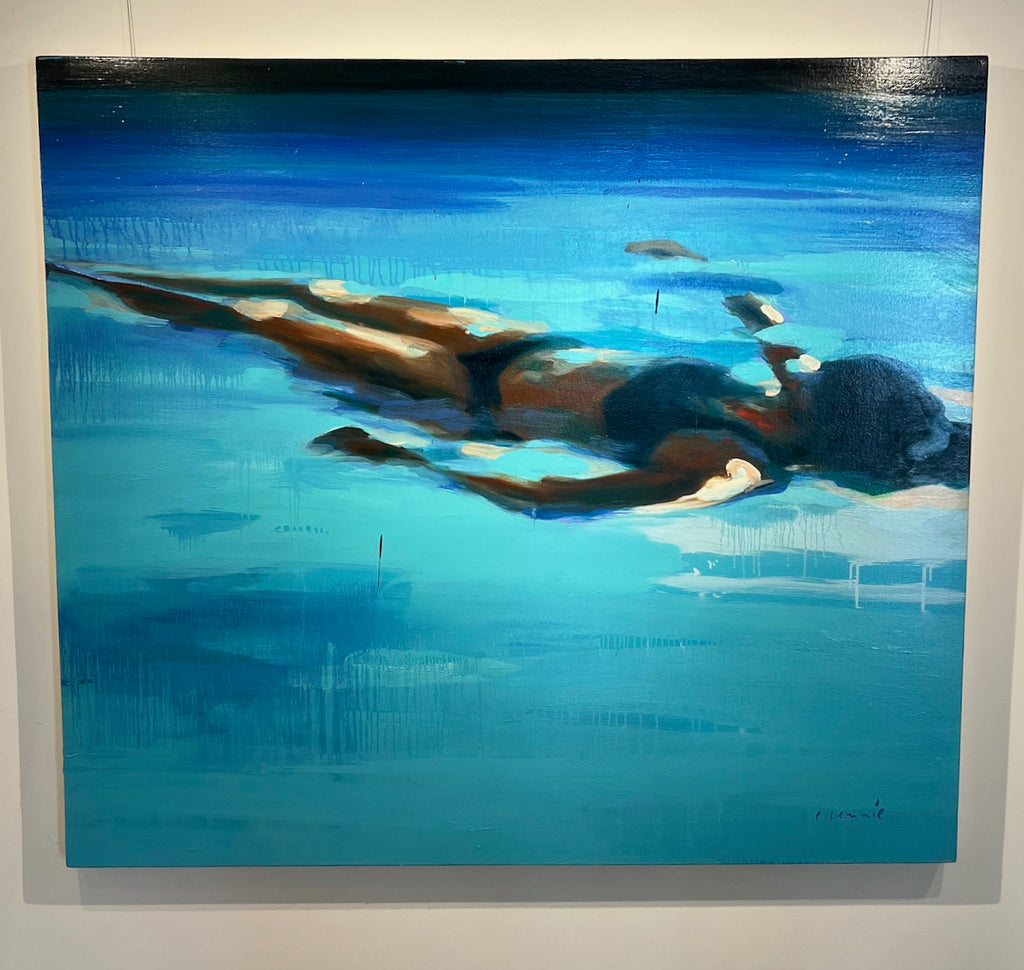 large scale abstract oil painting of a woman floating in turquoise and blue water