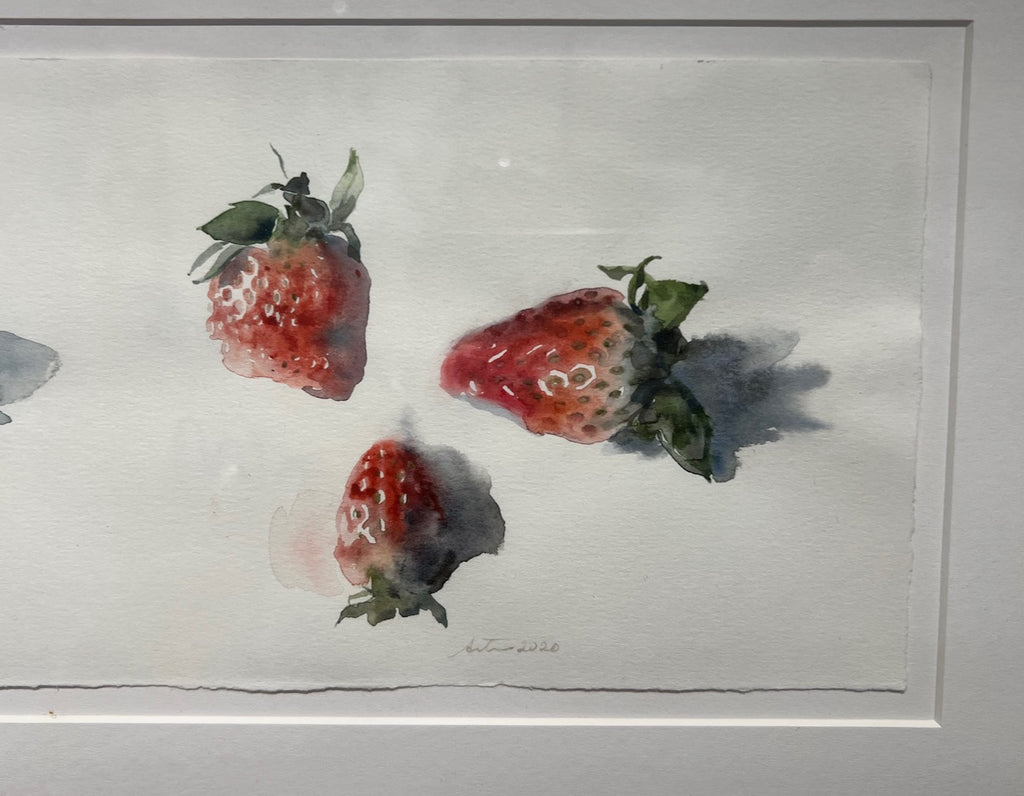 Watercolor still life by Wendy Artin of four strawberries and shadow on white background