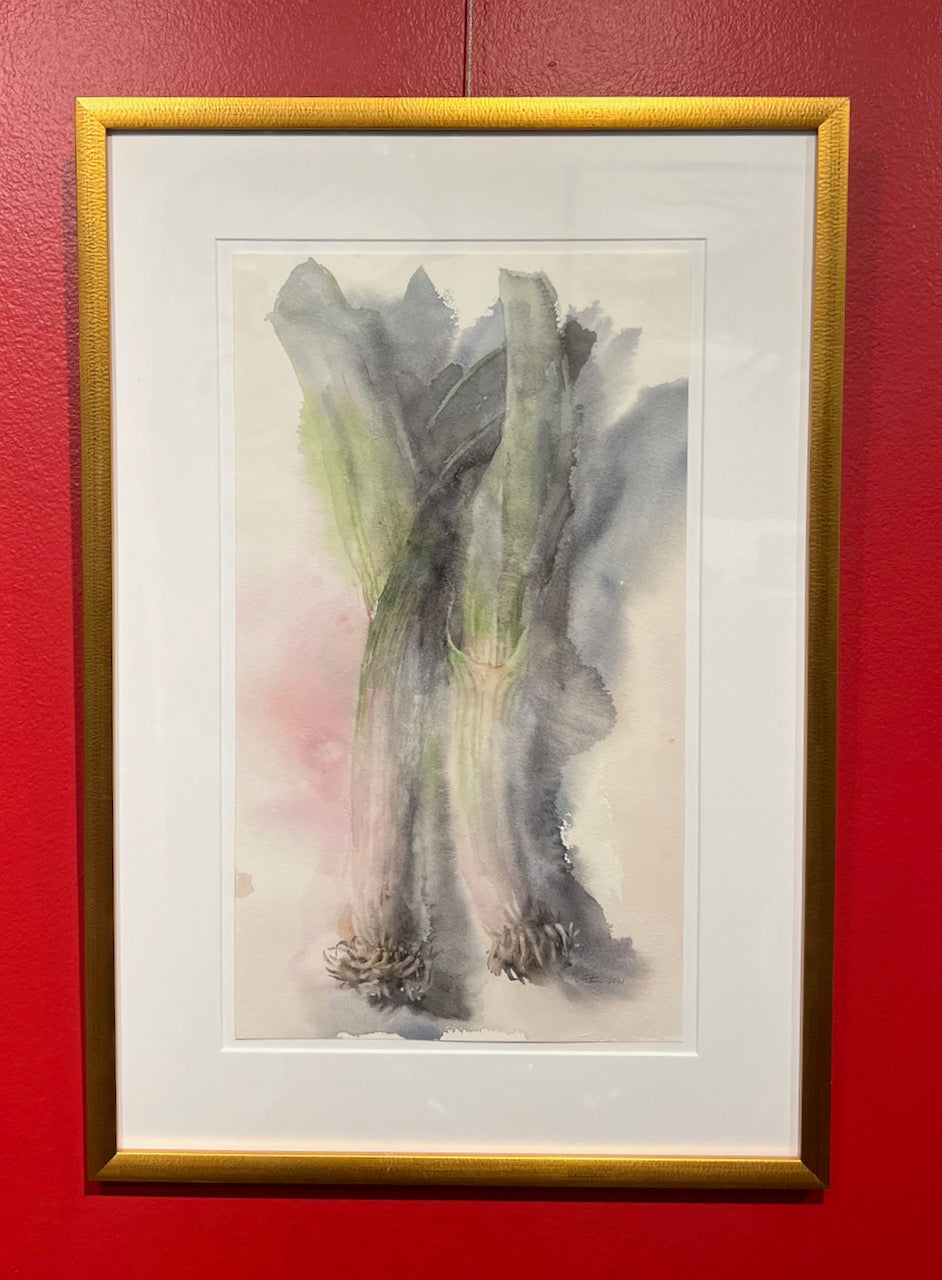 Watercolor painting by Wendy Artin of dark, faded leeks and stained background