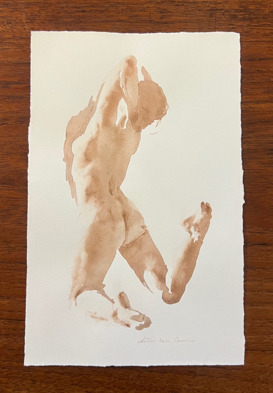 Nude oil painting by Wendy Artin of a woman performing a ballet jump with arms tucked behind head and knees bent with pointed toes
