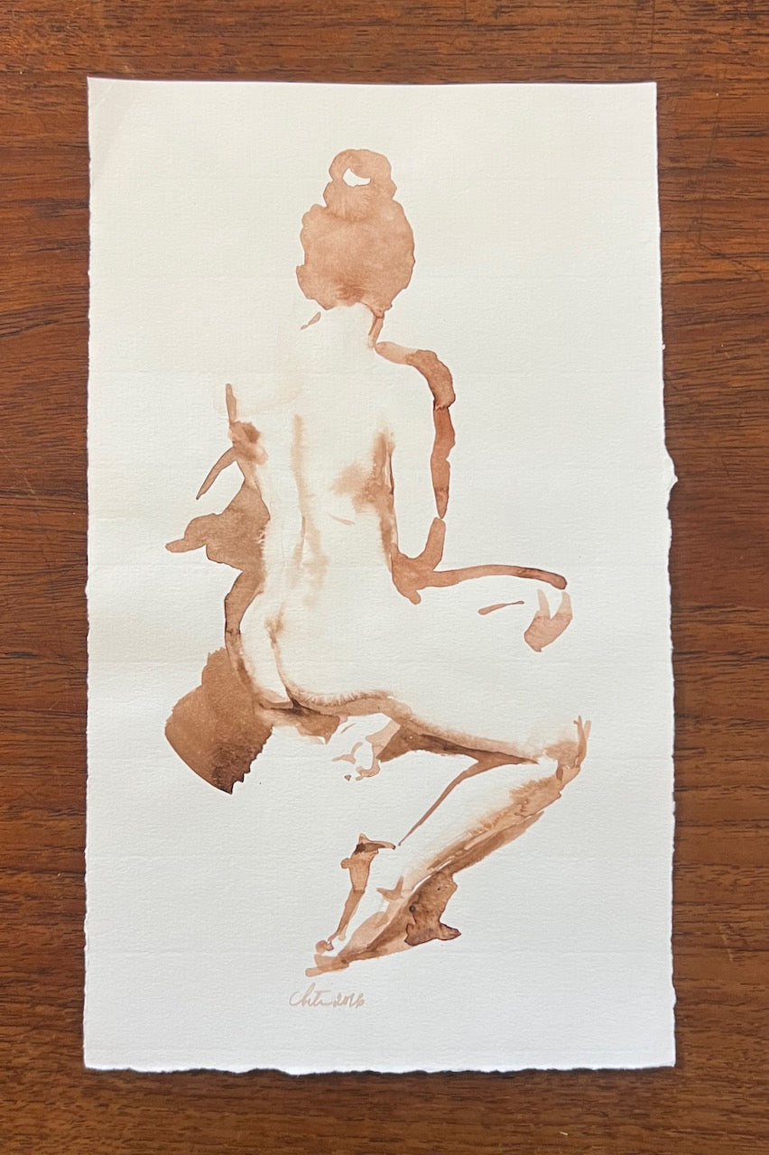 Watercolor painting by Wendy Artin of a nude woman with hair up in a bun facing away
