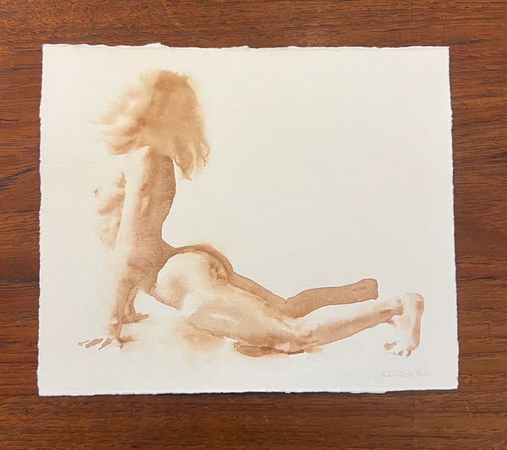 Nude painting by Wendy Artin of a man doing the upward dog yoga pose - propping himself up with his hands as his chest faces the sky