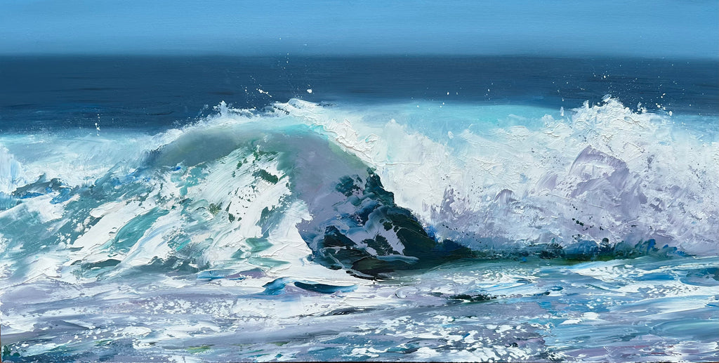 horizontal oil painting of a crashing blue wave