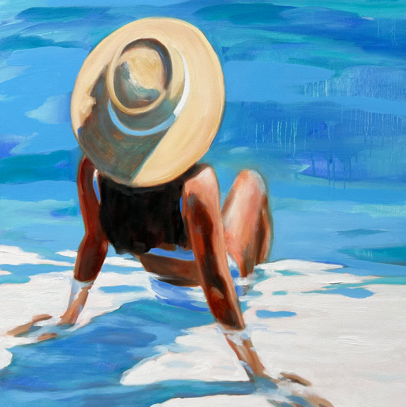 A girl rests in the shallow end of the pool, with her back to us. She's wearing a sunhat and is admiring the sun glistening off the water