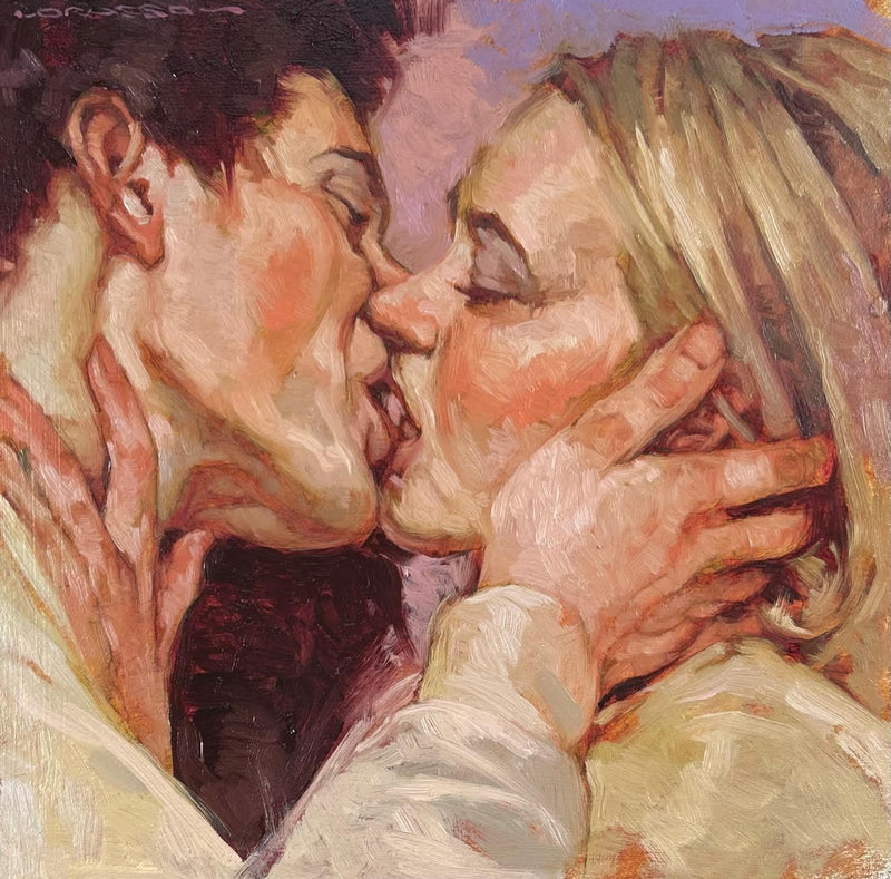 oil painting man woman kissing holding each other 