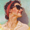 oil painting woman wearing red bandana and red lipstick short brown hair sunglasses fine art