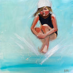 child jumping swimming blue pool bathing suit bathing cap