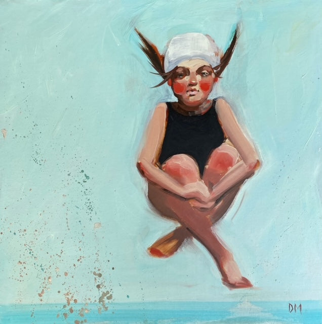 child jump air bathing suit bathing cap oil on canvas swimming