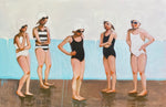 group girls children bathing suits caps goggles standing