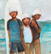 children beach bathing caps suits surfboard ocean water
