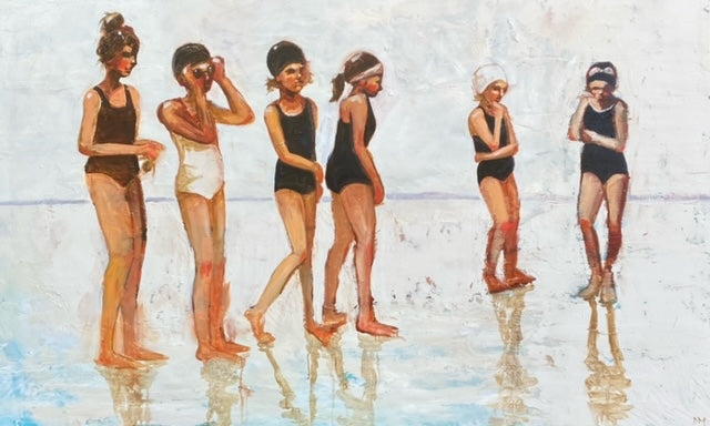 girls swimmers black bathing suits bathing caps oil on canvas overcast water