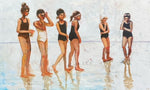 girls swimmers black bathing suits bathing caps oil on canvas overcast water