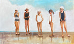 girls bathing suits bathing caps sand clouds water sky oil on canvas figurative swimmers 
