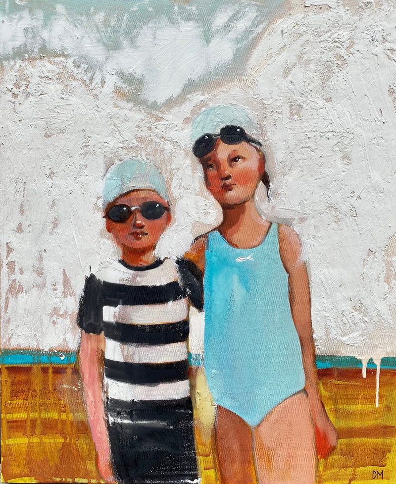 oil painting of a boy and girl in swimsuits with goggles